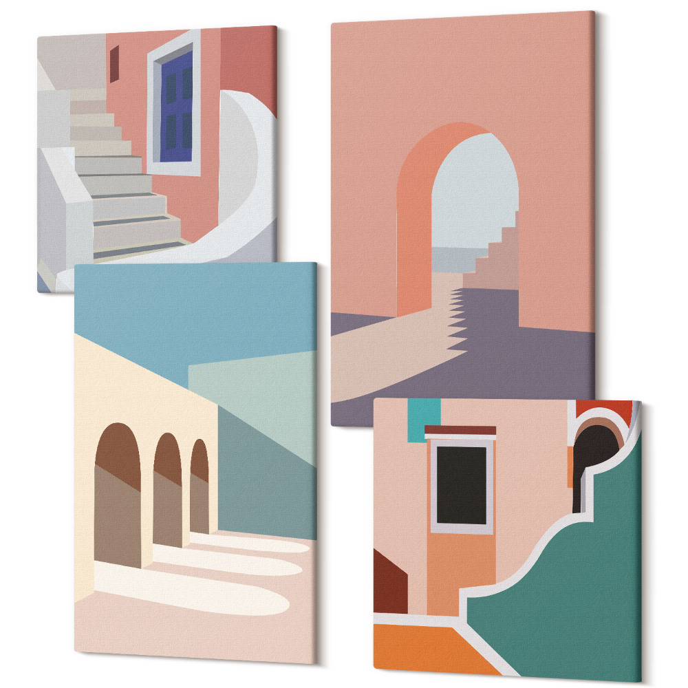 Négy részes vászonkép Pasztell minimalista grafikák a városi építészetről