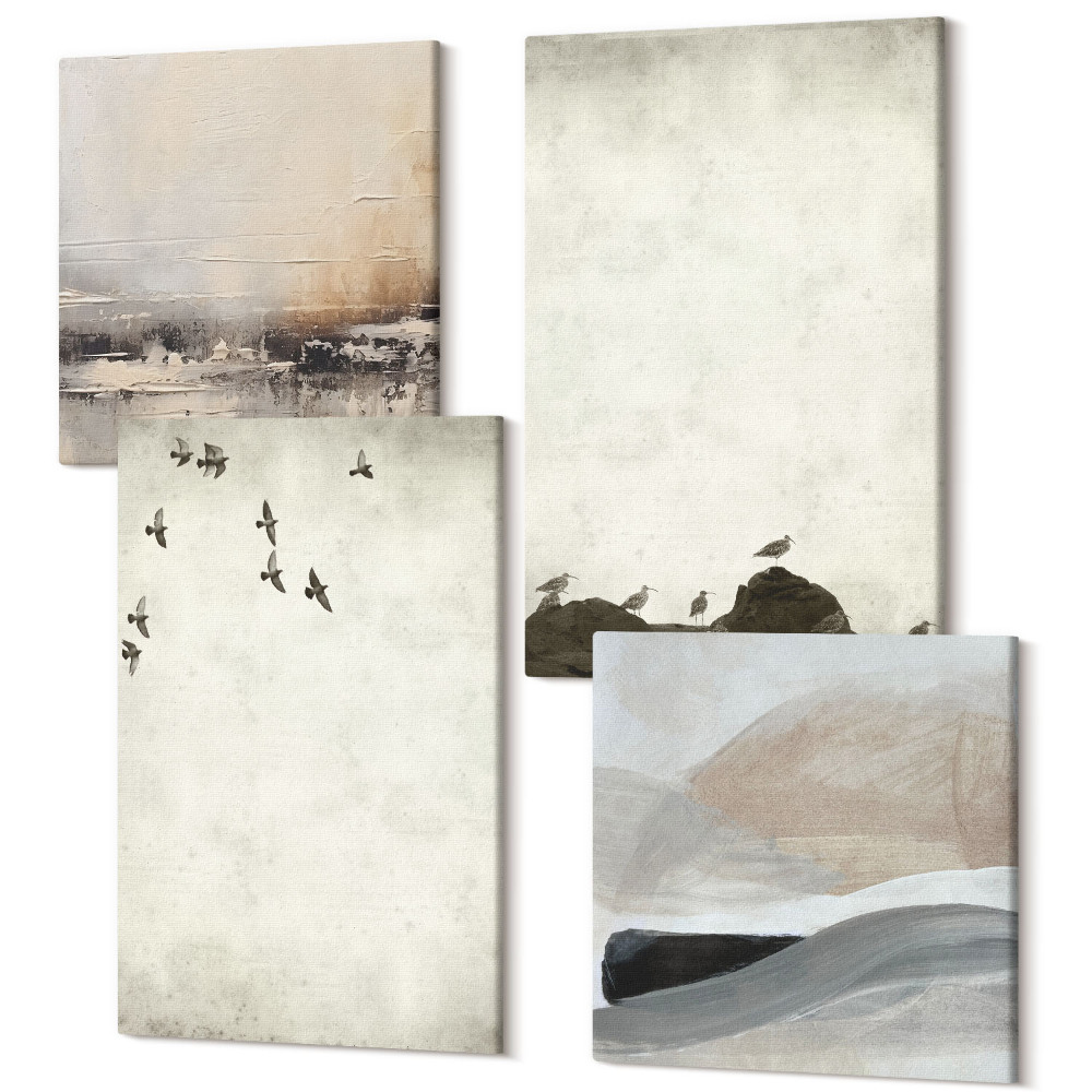 Négy részes vászonkép Madarak, sziklák és ecsetvonásokkal díszített minimalista dekoráció
