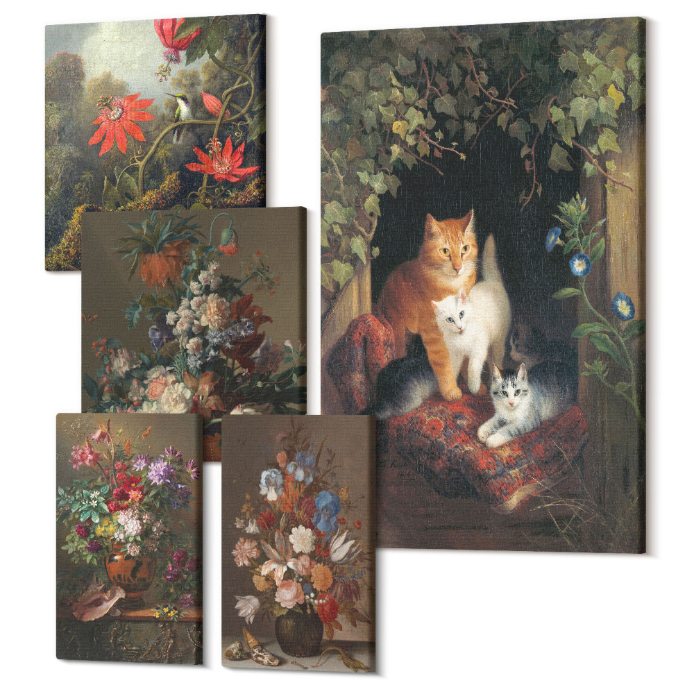 Vászonkép ötrészes Virágdíszek és imádnivaló vintage macskák