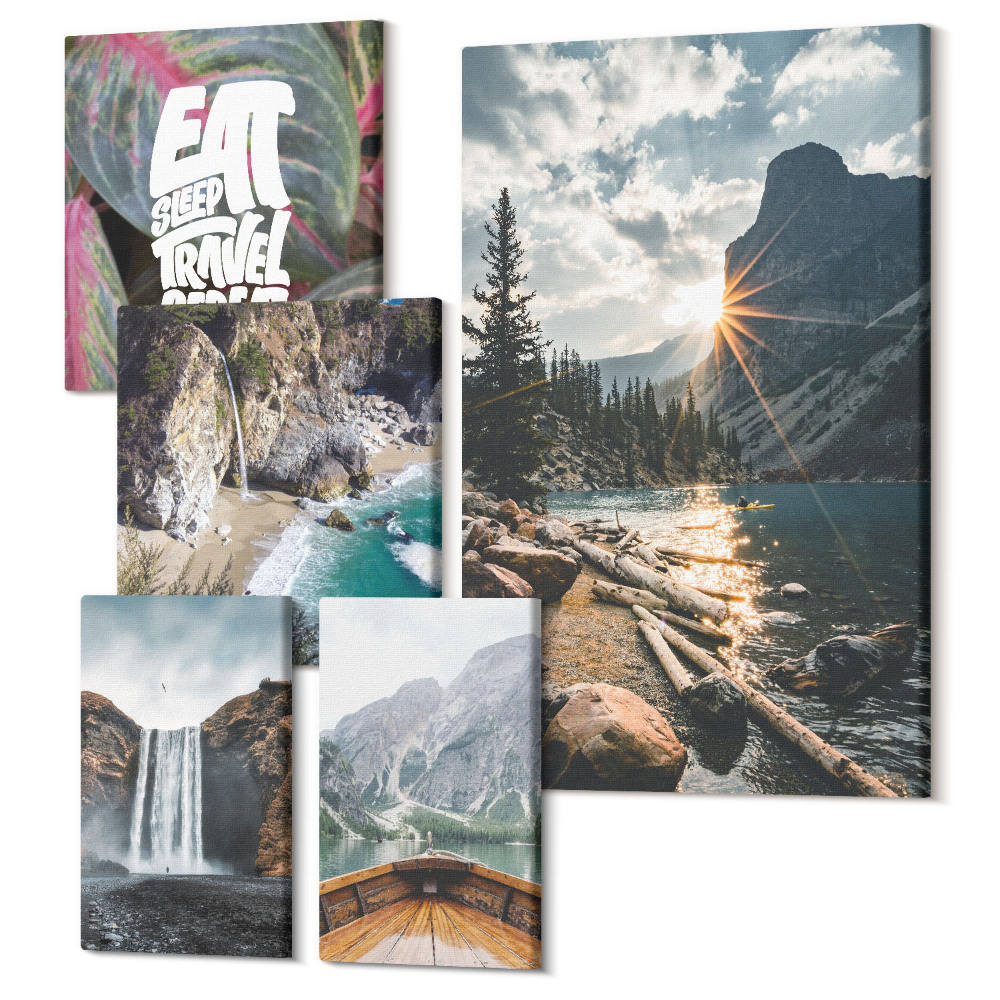 Öt részes vászonkép Természeti tájak vízesésekkel és kilátással a hegyekre