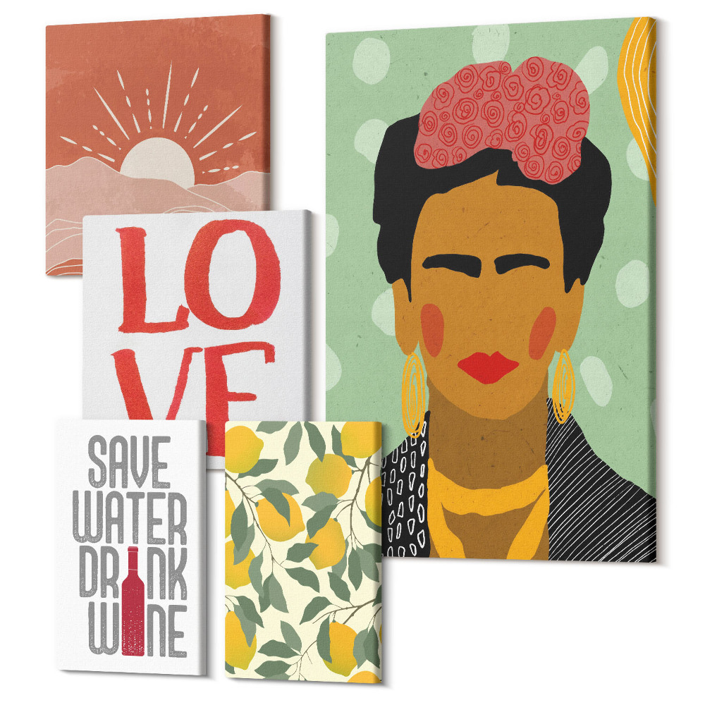 Öt részes vászonkép szett Bohó stílus virágmotívummal és női figurával