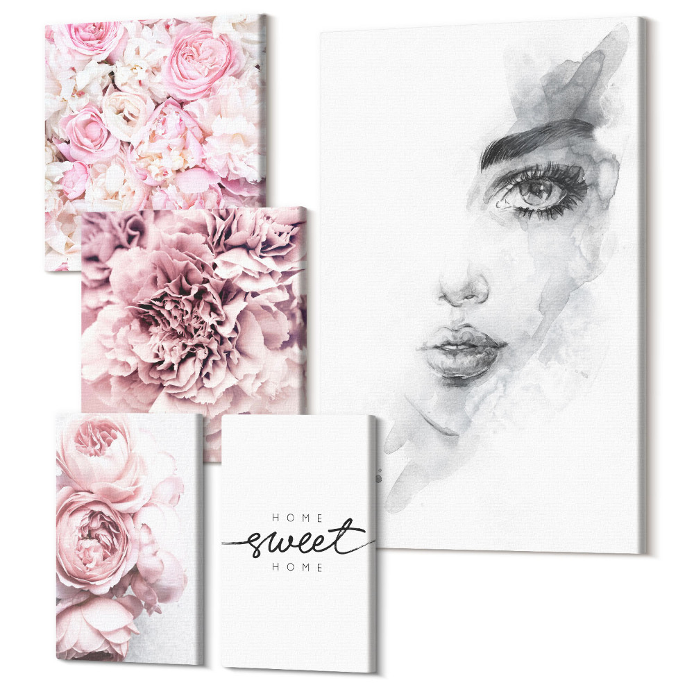 Öt részes vászonkép szett Virágos díszítés portréval és a házról szóló felirattal