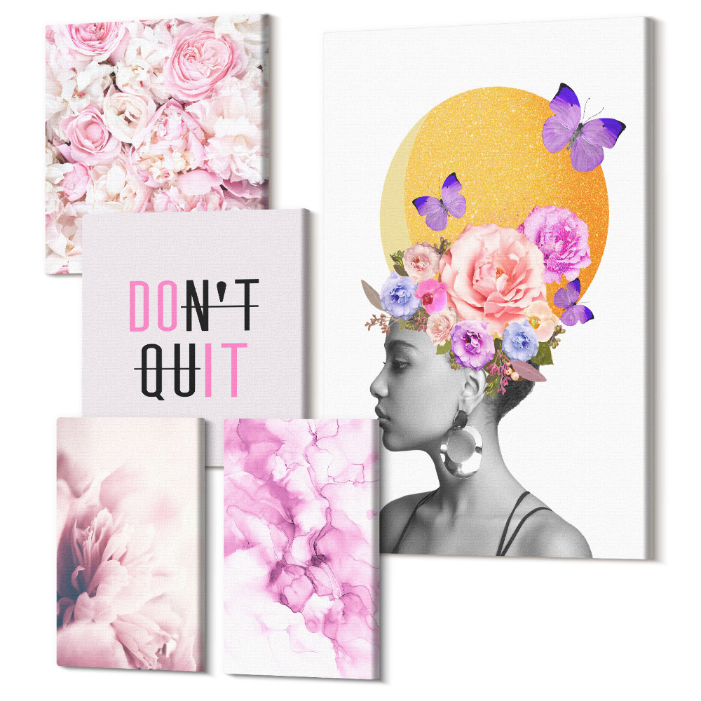 Öt részes vászonkép szett Virágmotívumok nővel és inspiráló szlogenekkel