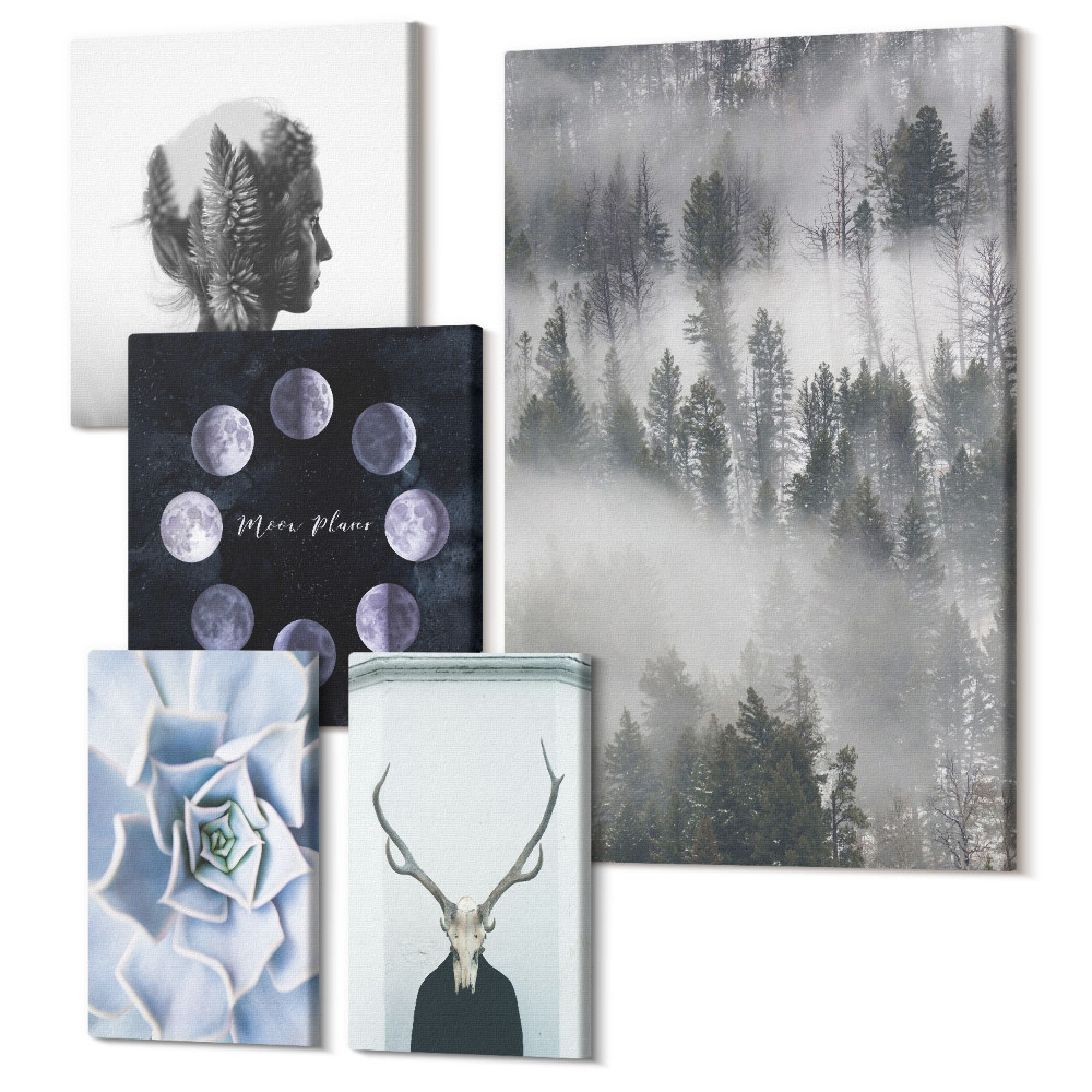 Vászonkép ötrészes Természetes erdőmotívumok és kozmikus jelenségek