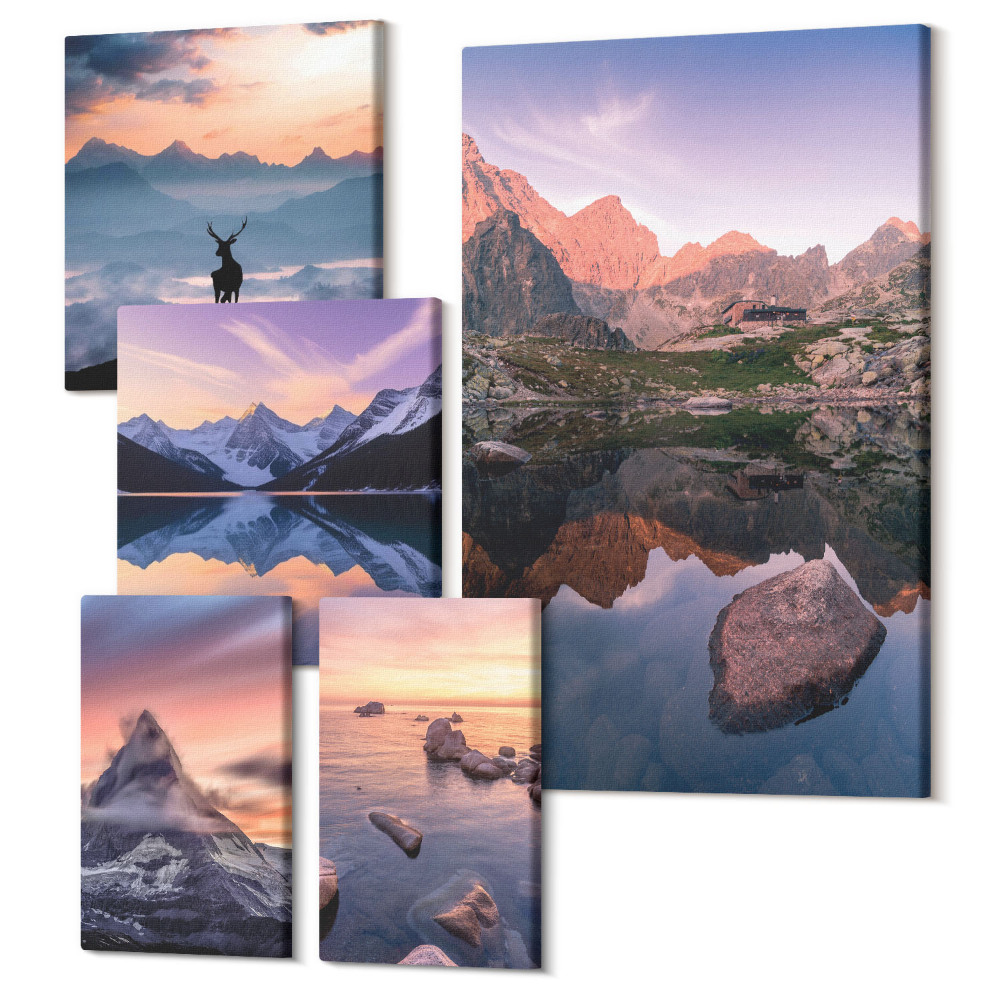 Öt részes vászonkép szett Hegyi tájak naplementével és víztükrökkel
