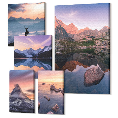 Öt részes vászonkép szett Hegyi tájak naplementével és víztükrökkel