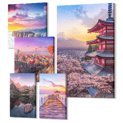 Vászonkép ötrészes Ázsiai tájak hegyekkel és virágzó fákkal