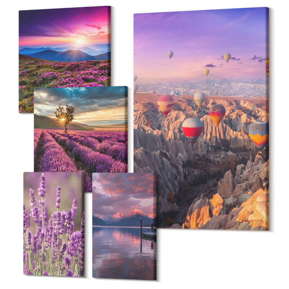 Öt részes vászonkép szett Tájak levendulával és hőlégballonokkal