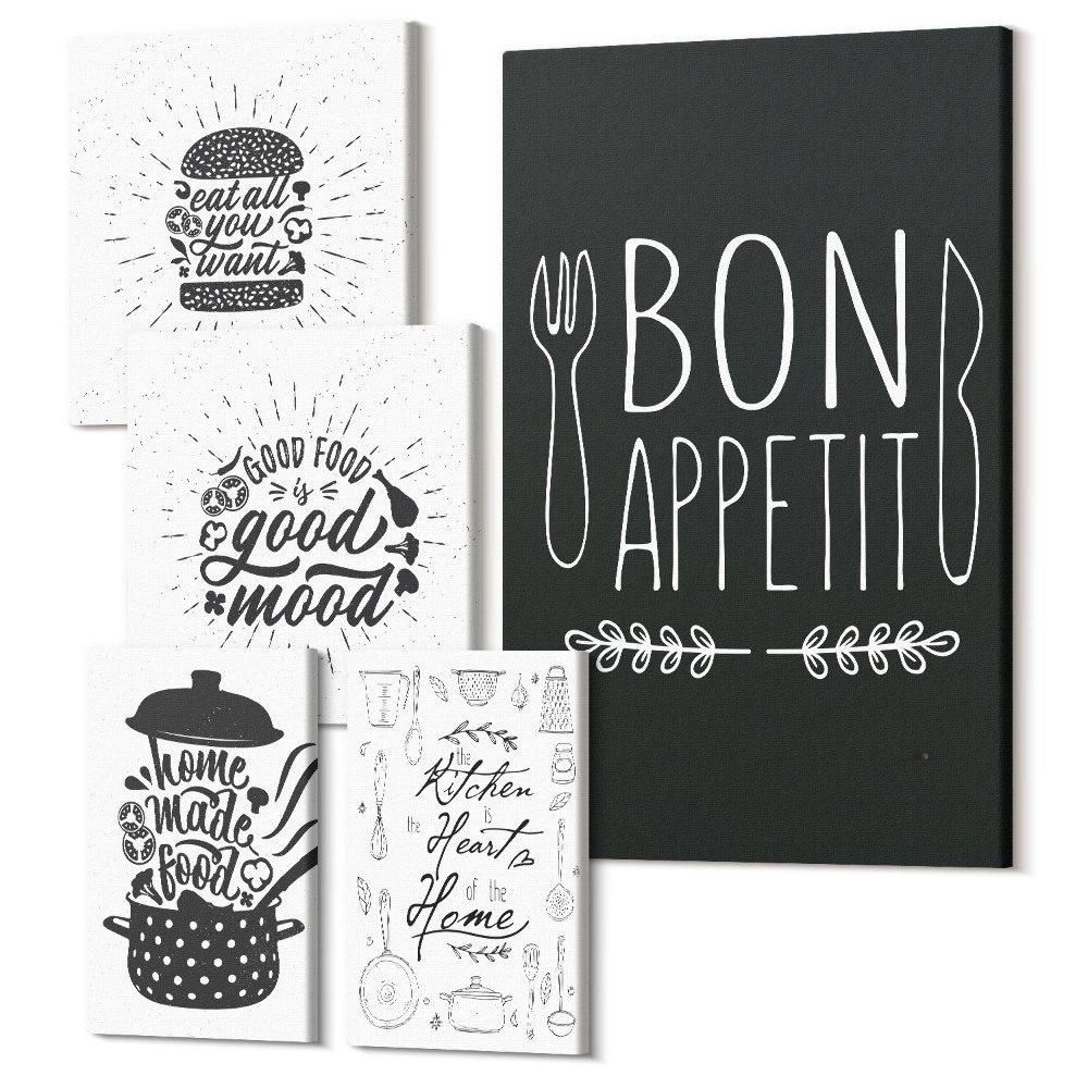 Öt részes vászonkép Konyhai inspirációk étellel és főzéssel kapcsolatos szlogenekkel
