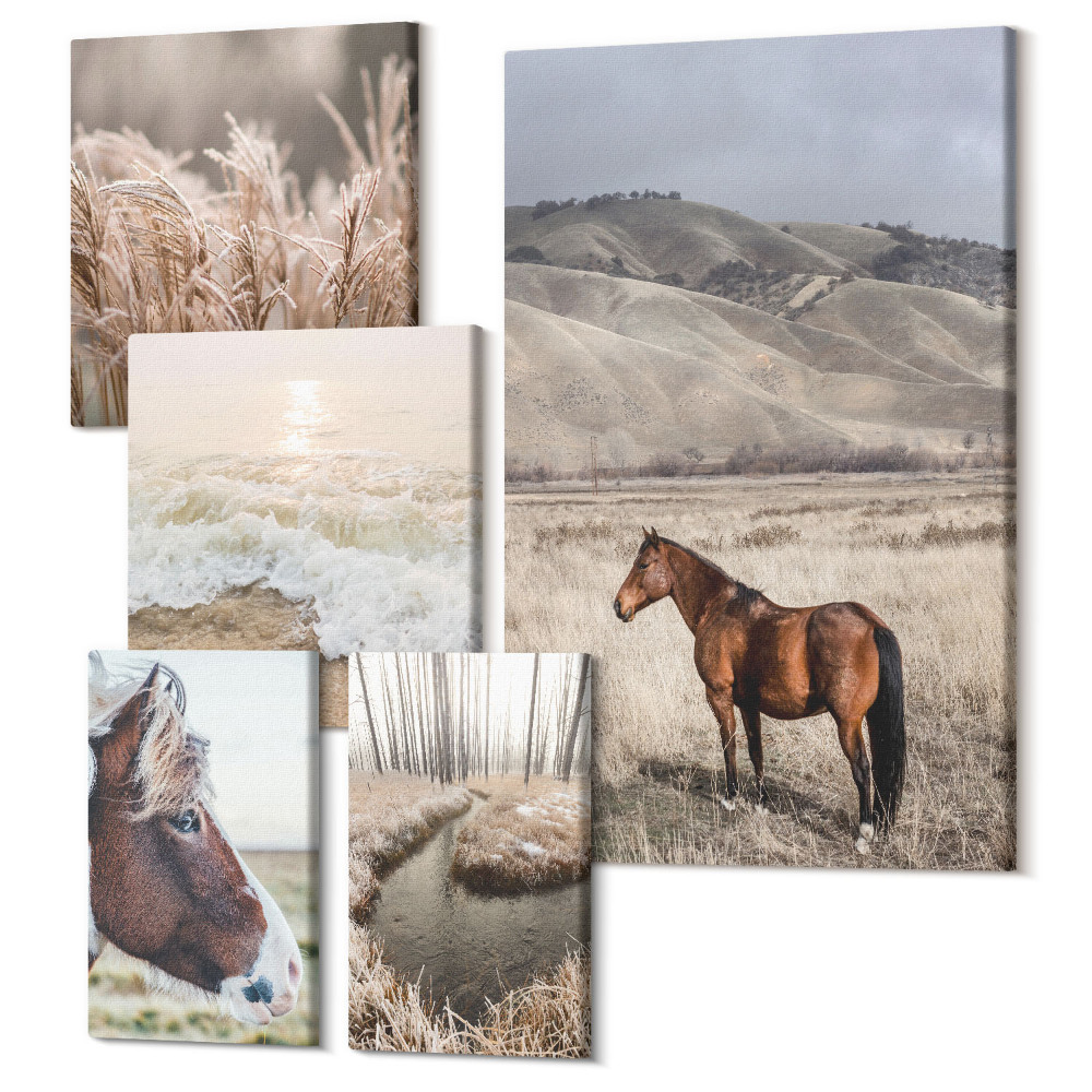Öt részes vászonkép Természeti tájak lovakkal és nyugodt vizekkel