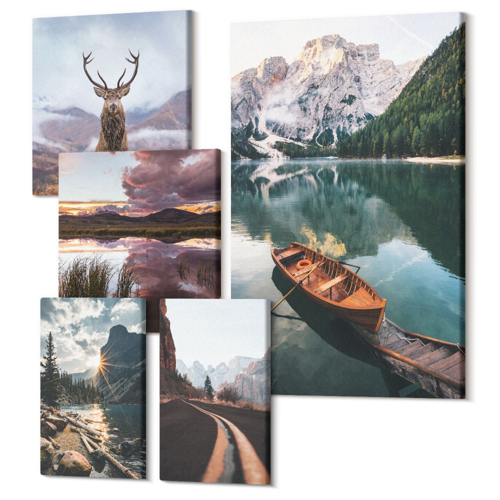 Öt részes vászonkép szett Természeti tájak hegyekkel, tavakkal és vadon élő állatokkal