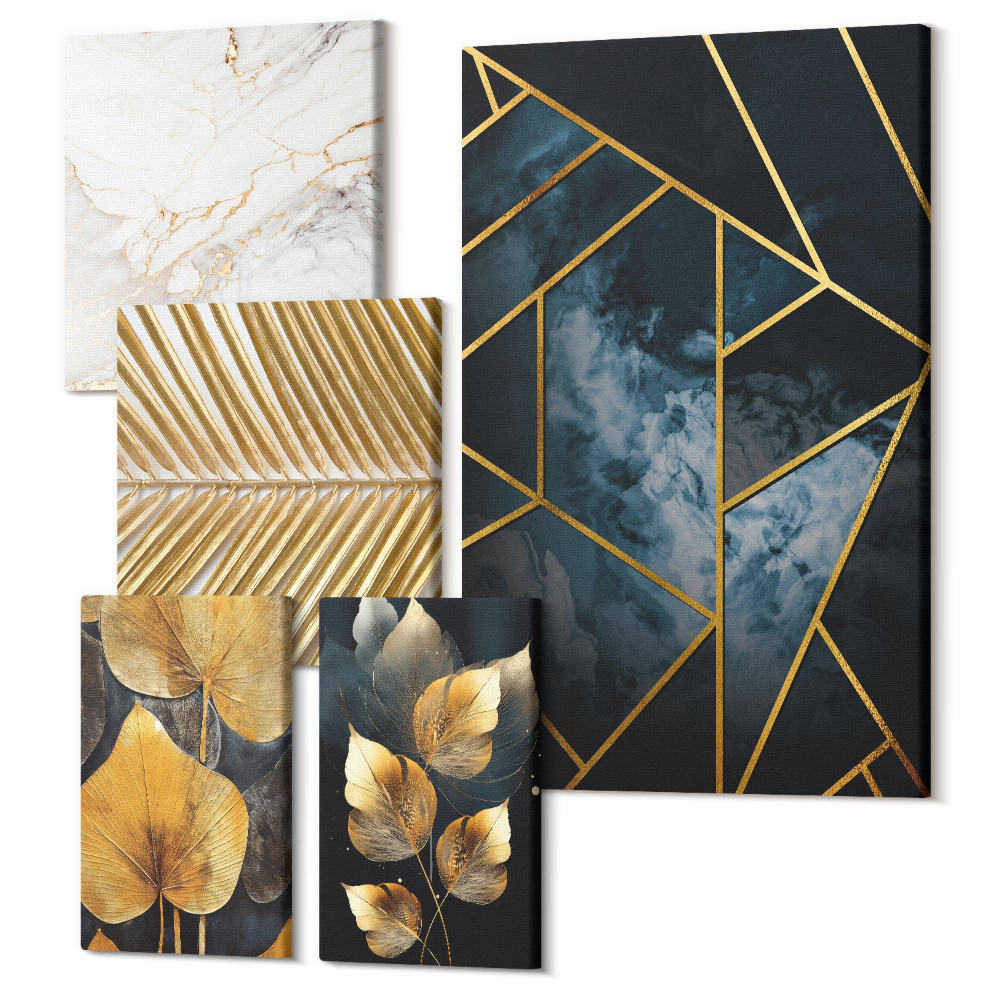 Öt részes vászonkép szett Stílusos dekorációk levélmotívumokkal és geometrikus mintákkal