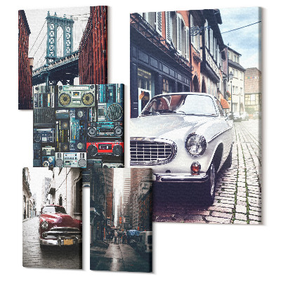 Vászonkép ötrészes Stílusos autók és városi utcai építészet