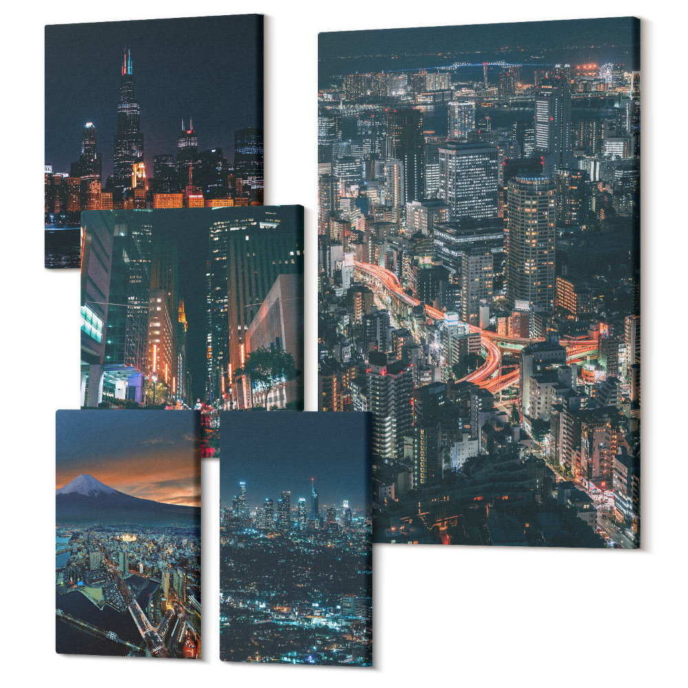 Vászonkép ötrészes Éjszakai kilátás a modern városokról és építészetükről