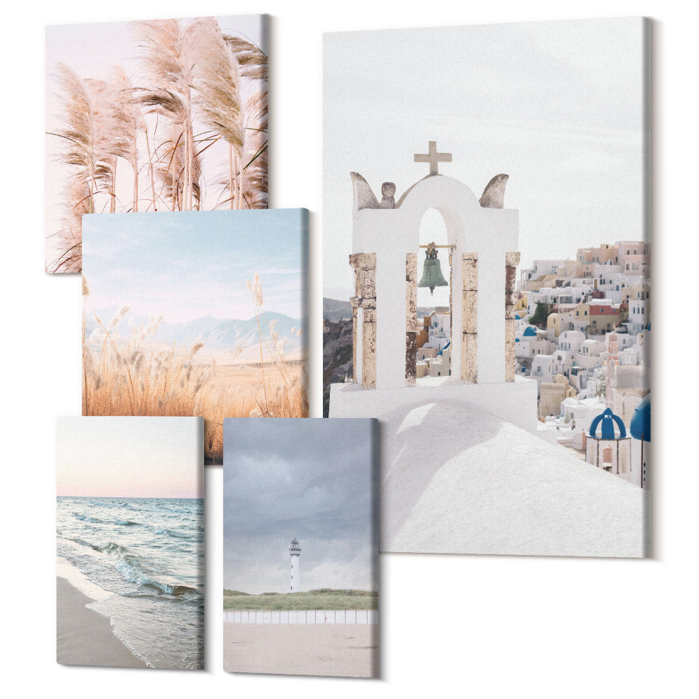 Öt részes vászonkép szett Stílusos tengerparti tájak építészettel és természettel