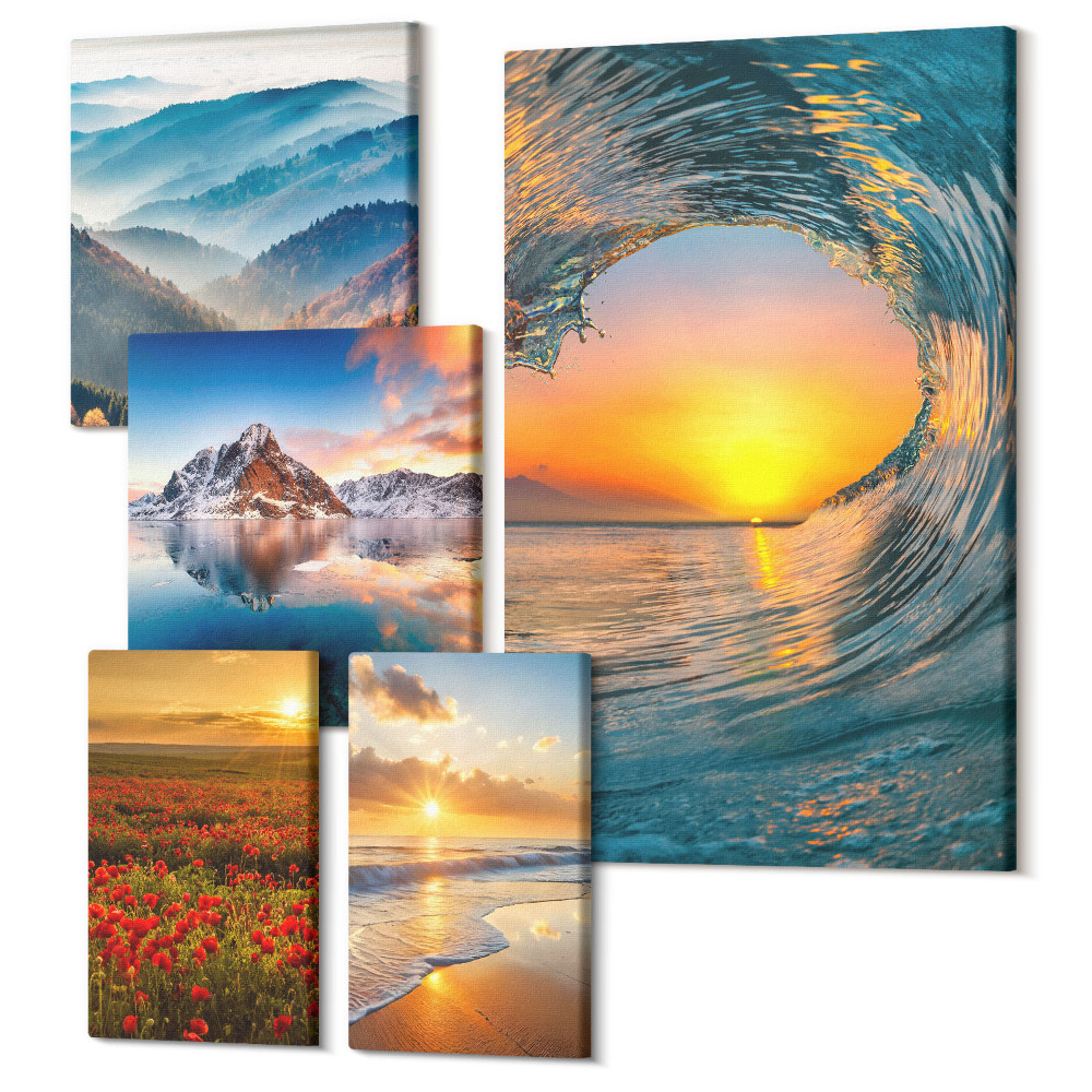 Öt részes vászonkép szett Természeti tájak tengerrel, hegyekkel és virágokkal