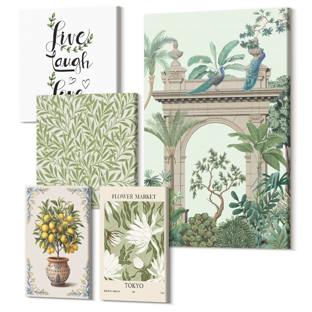 Vászonkép ötrészes Növényi motívumok egzotikus ékezetekkel, boho stílusban