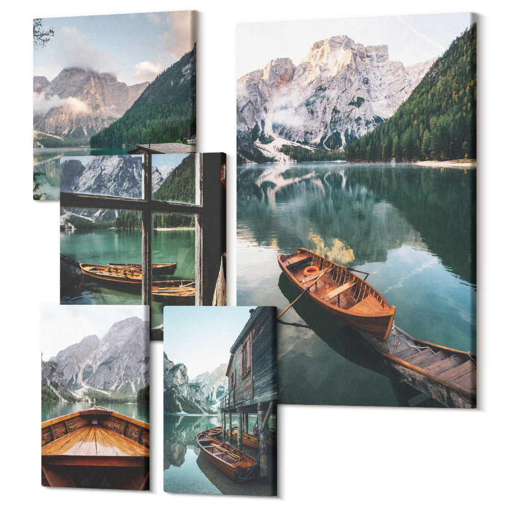 Vászonkép ötrészes Nyugodt tavak és hegyi tájak csónakokkal