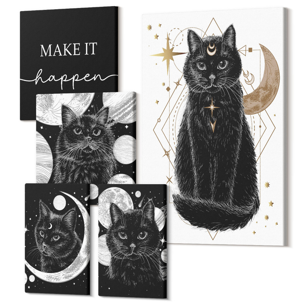 Öt részes vászonkép szett Fekete boho macskák térmotívumokkal