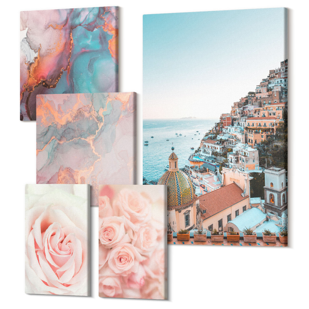 Vászonkép ötrészes Romantikus tájak rózsákkal és pasztell árnyalatokkal