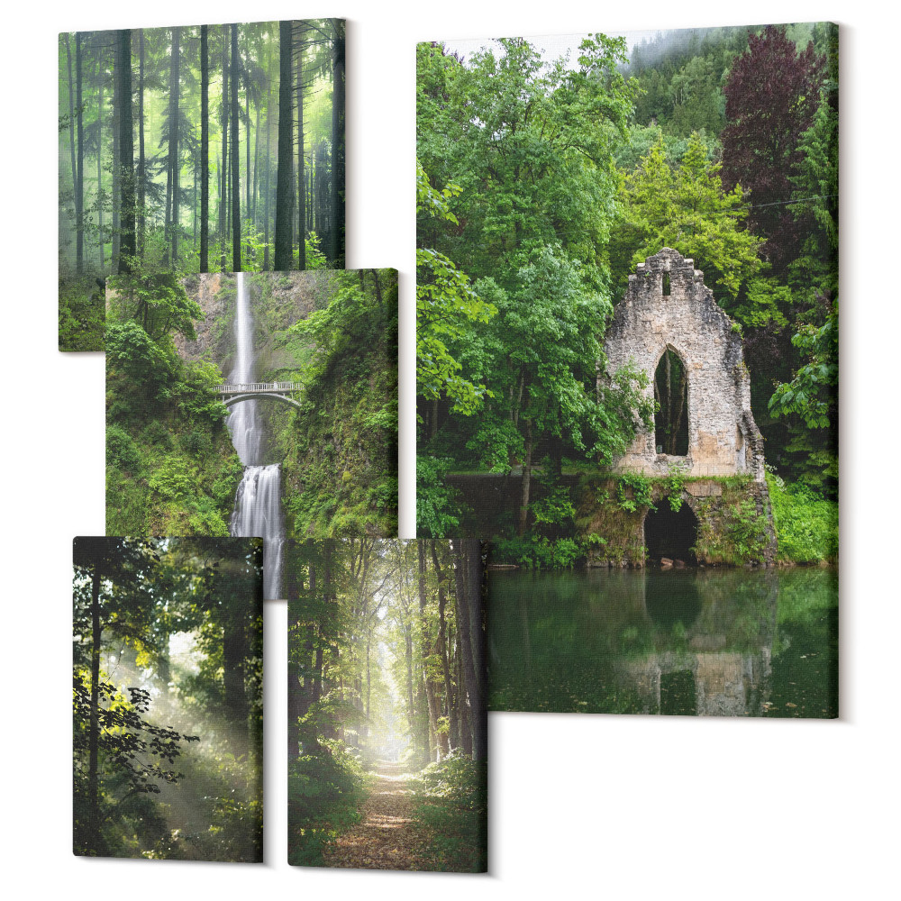 Öt részes vászonkép Zöld erdők és vízesések természetes környezetben