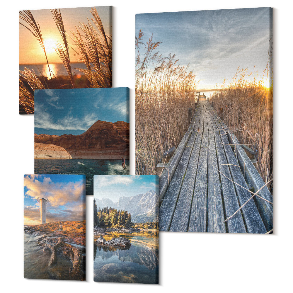 Vászonkép ötrészes Természeti tájak vízzel és növényzettel az ösvény mentén