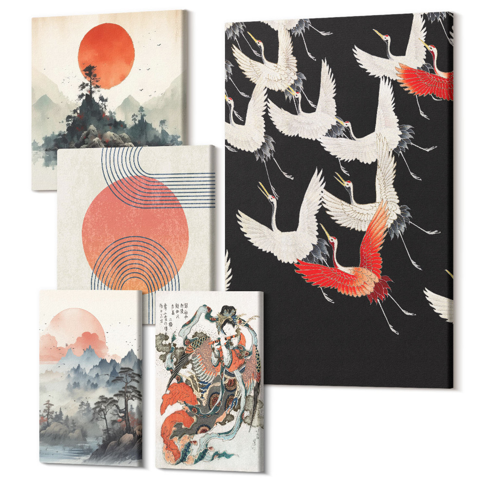 Öt részes vászonkép szett Japán művészet, a természet és a hagyomány témái modern stílusban
