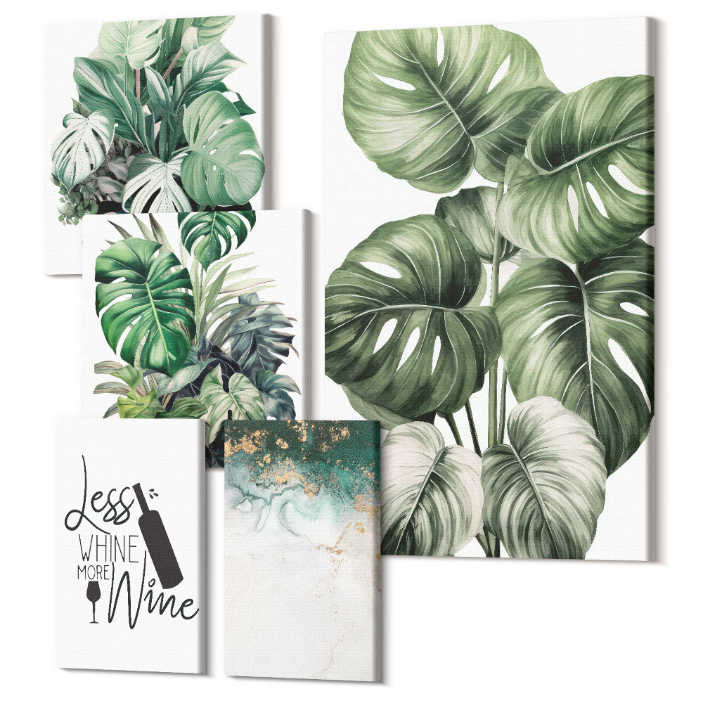 Vászonkép ötrészes Növényi motívumok idézetekkel és absztrakt ékezetekkel