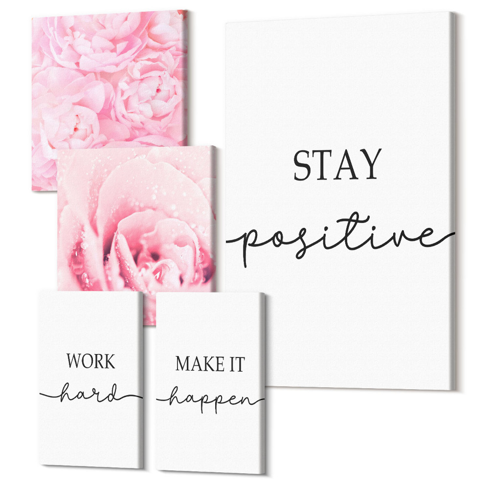 Öt részes vászonkép szett Motivációs idézetek rózsaszín virágokkal otthoni dekorációhoz