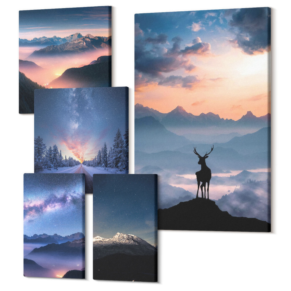 Öt részes vászonkép szett Hegyi tájak vadon élő állatokkal és az éjszakai égbolttal