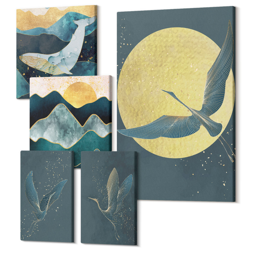 Vászonkép ötrészes Madarak repülnek és hegyi tájak modern stílusban