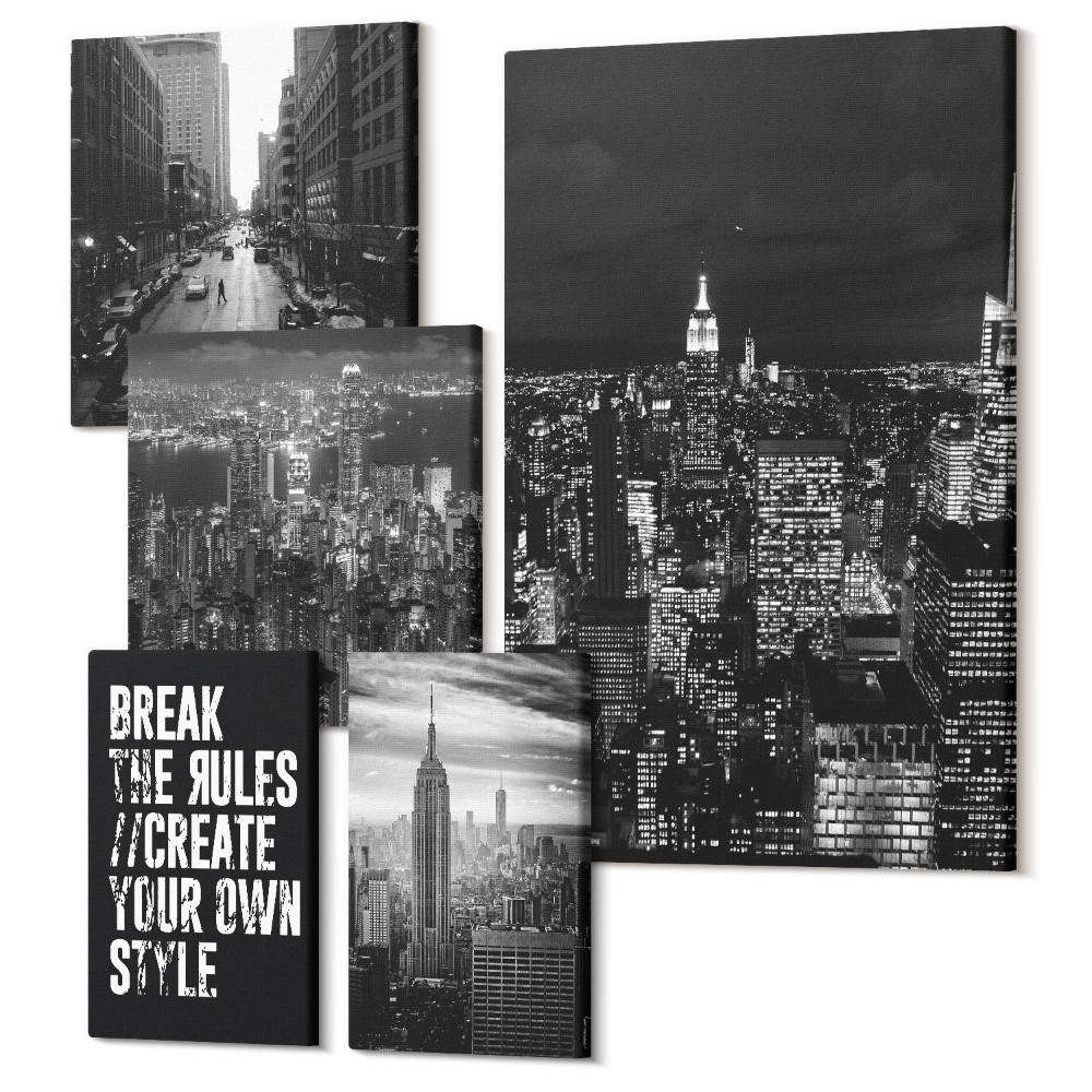 Vászonkép ötrészes New York-i kilátások fekete-fehérben, inspiráló szlogenekkel