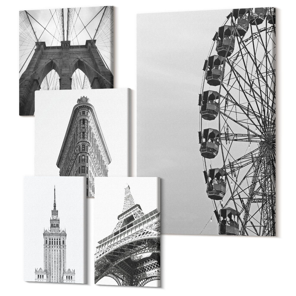 Öt részes vászonkép A világ metropoliszainak építészete fekete-fehérben