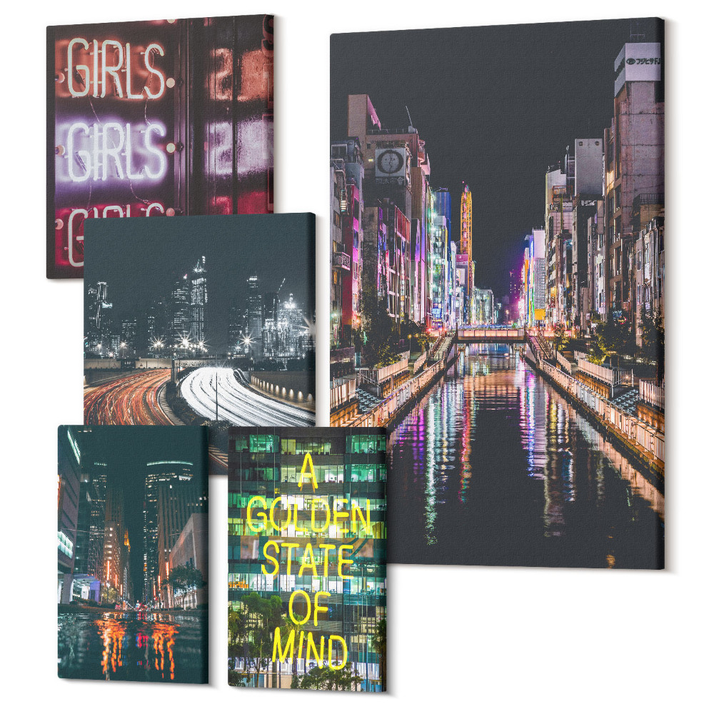 Vászonkép ötrészes Egy modern város éjszaka neonfényekkel és tükröződésekkel a vízben