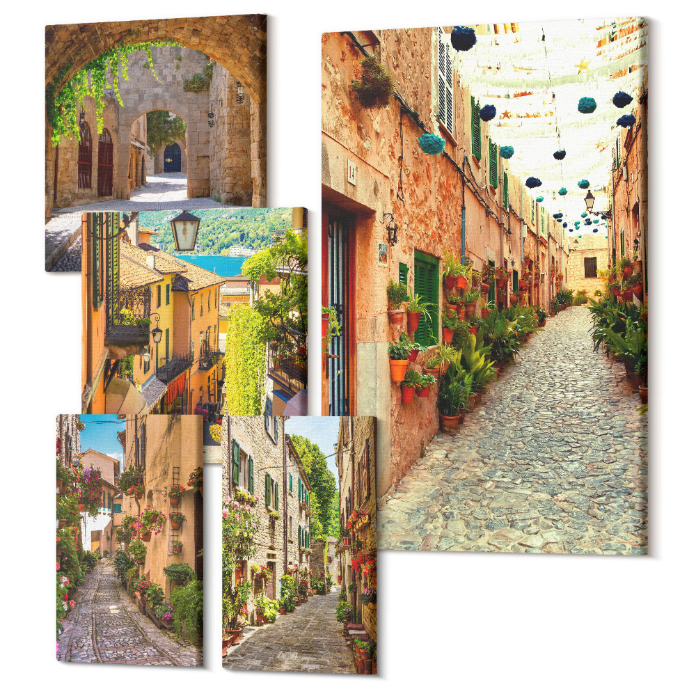 Öt részes vászonkép szett Bájos utcák zöld növényekkel a városokban