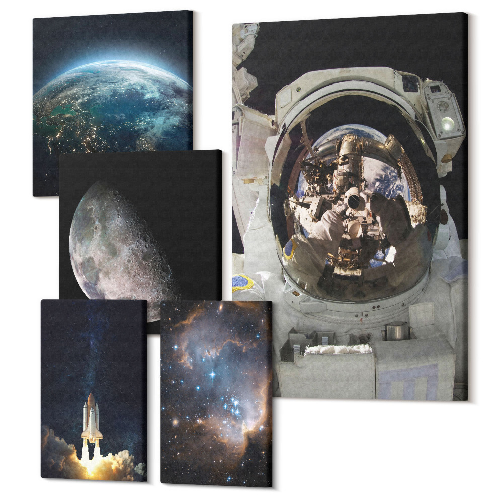 Öt részes vászonkép szett Űrkutatási kilátások űrhajósokkal és bolygókkal