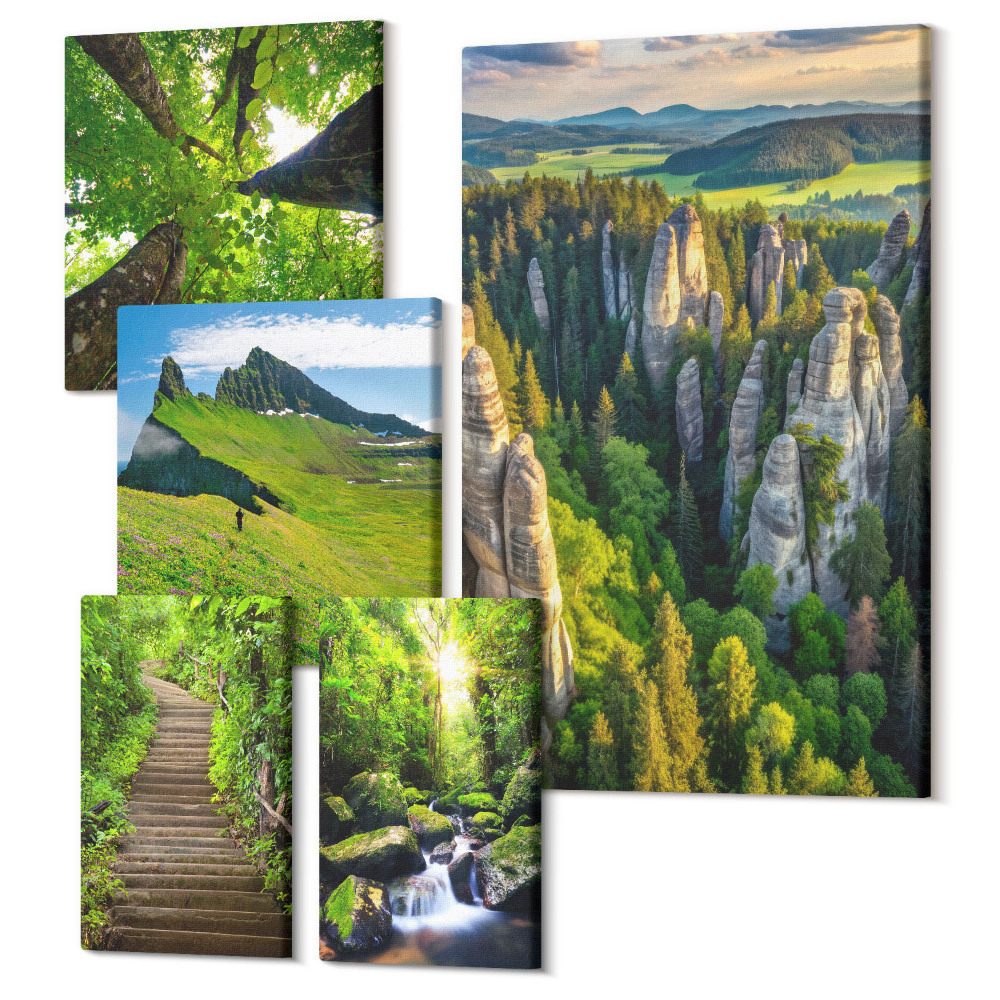 Vászonkép ötrészes Zöld tájak természettel és festői ösvényekkel