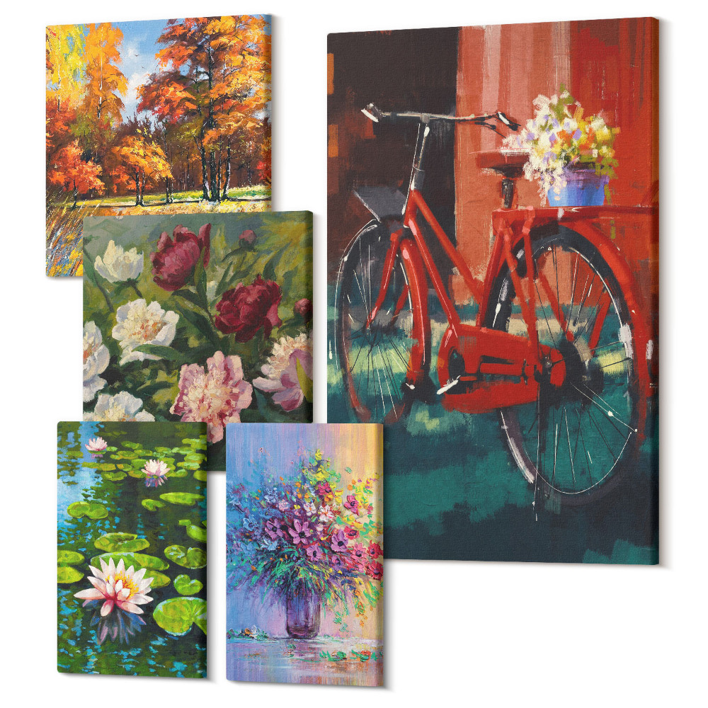 Öt részes vászonkép szett Virágok tavaszi tájakon kerékpárral a természet hátterében
