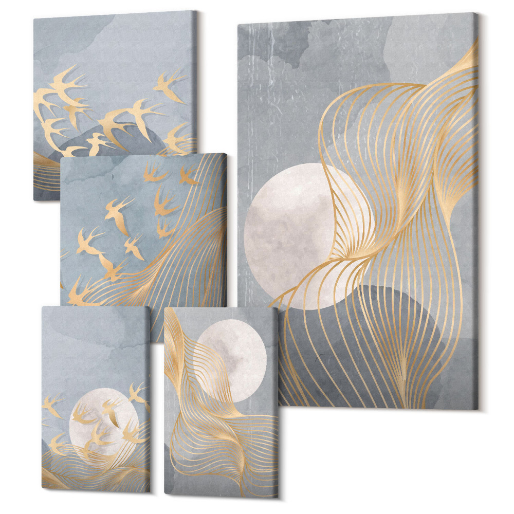 Öt részes vászonkép Absztrakt kompozíciók hullámokkal és mozgásban lévő madarakkal