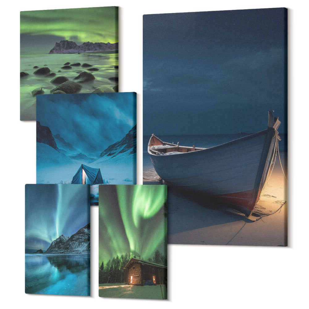 Öt részes vászonkép szett Téli tájak aurora borealis és éjszakai égbolttal