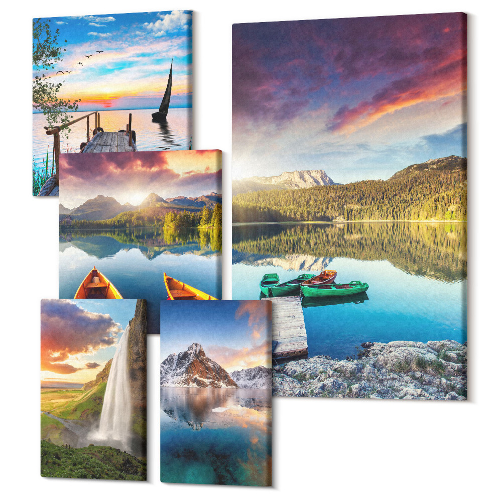 Öt részes vászonkép szett Természeti tájak vízesésekkel és hegyi tavakkal