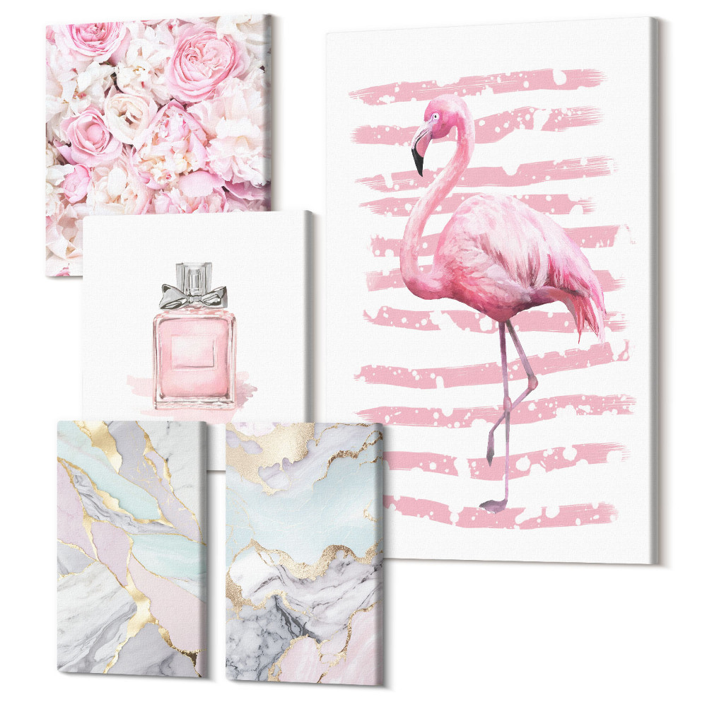 Öt részes vászonkép szett Stílusos akcentusok rózsaszín árnyalatokban virágokkal és flamingóval