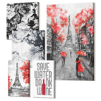 Vászonkép ötrészes Párizsi nézetek virágokkal és absztrakt mintákkal