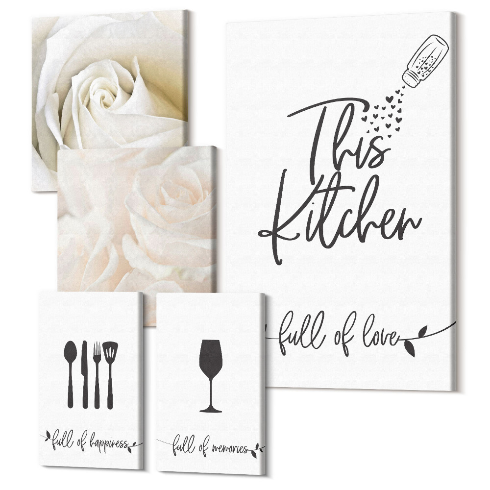 Öt részes vászonkép szett Stílusos konyhai dekoráció növényi motívumokkal és feliratokkal