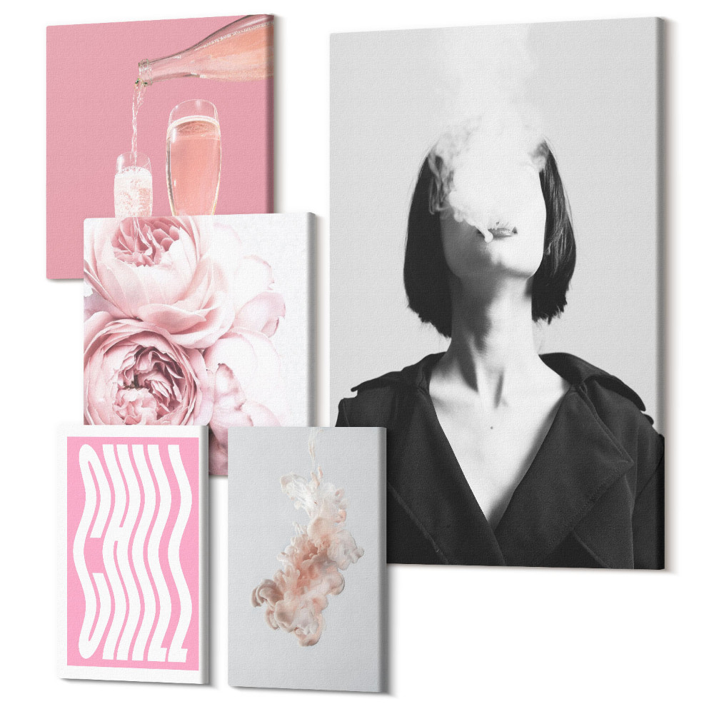 Vászonkép ötrészes Stílusos kompozíciók rózsaszín díszítéssel és virágokkal