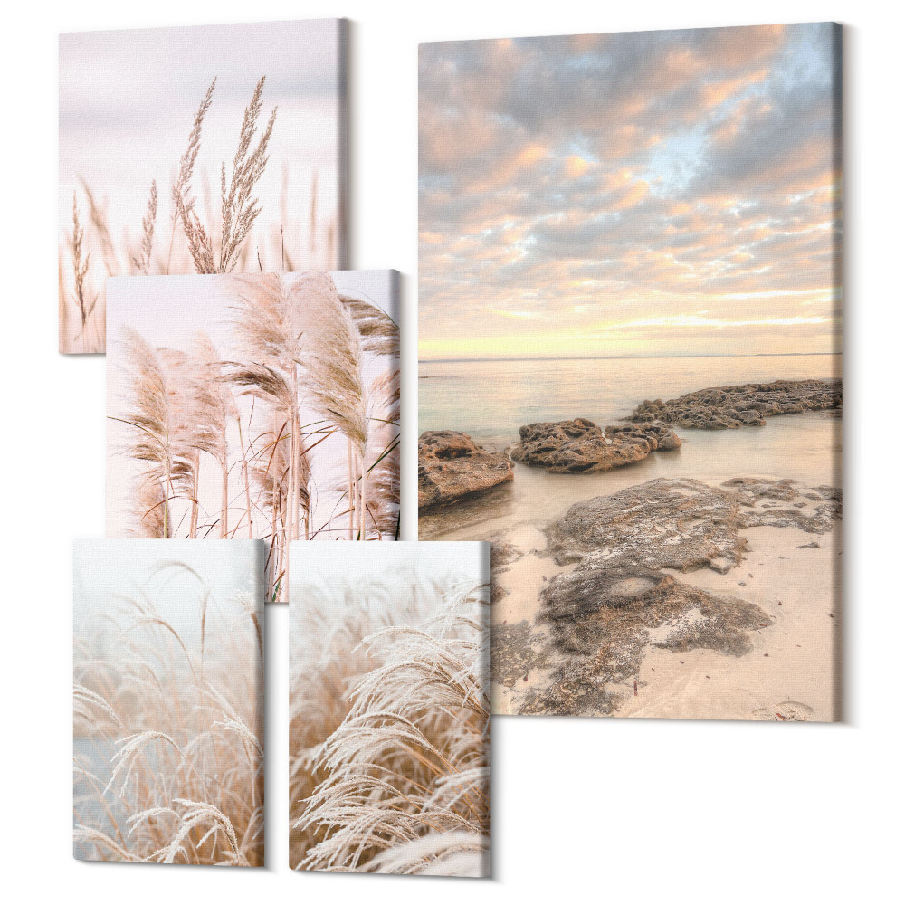 Öt részes vászonkép szett Tengerparti tájak növényzettel és naplementével