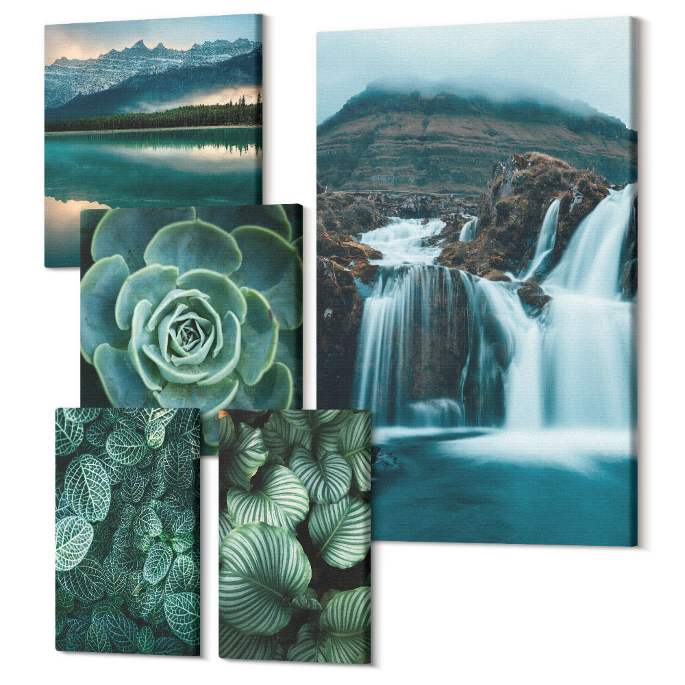 Vászonkép ötrészes Zöld növények és vízesések természetes stílusban