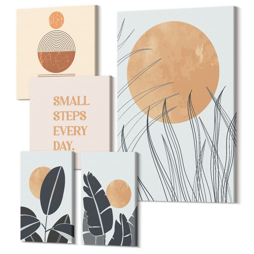 Öt részes vászonkép szett Stílusos grafika növényi motívumokkal és inspiráló szlogenekkel