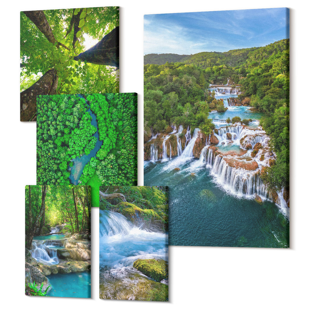 Vászonkép ötrészes Természetes vízesések és zöld természeti tájak