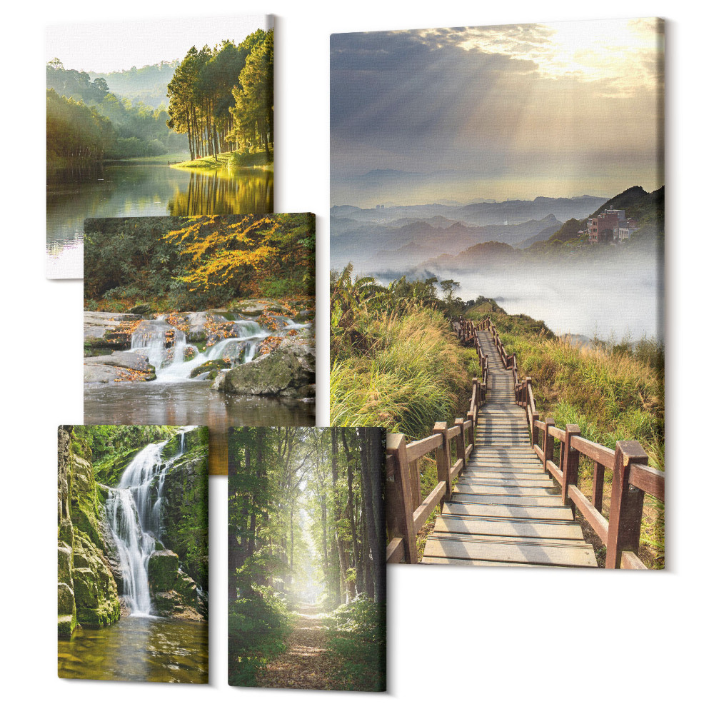 Öt részes vászonkép Természeti tájak vízesésekkel és erdei ösvényekkel